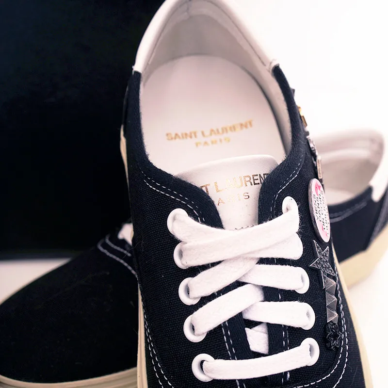 37 NEW $2,750 SAINT LAURENT Woman's Black Canvas RARE LOGO PINS SKATE SNEAKERS