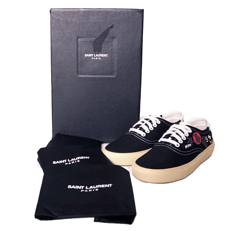 37 NEW $2,750 SAINT LAURENT Woman's Black Canvas RARE LOGO PINS SKATE SNEAKERS