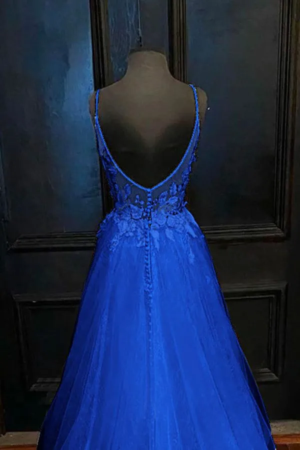 A-line V Neck Straps Tulle Royal Blue Prom Dress With Appliques PSK388