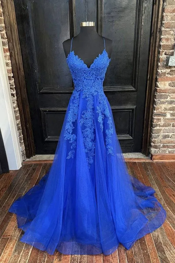 A-line V Neck Straps Tulle Royal Blue Prom Dress With Appliques PSK388