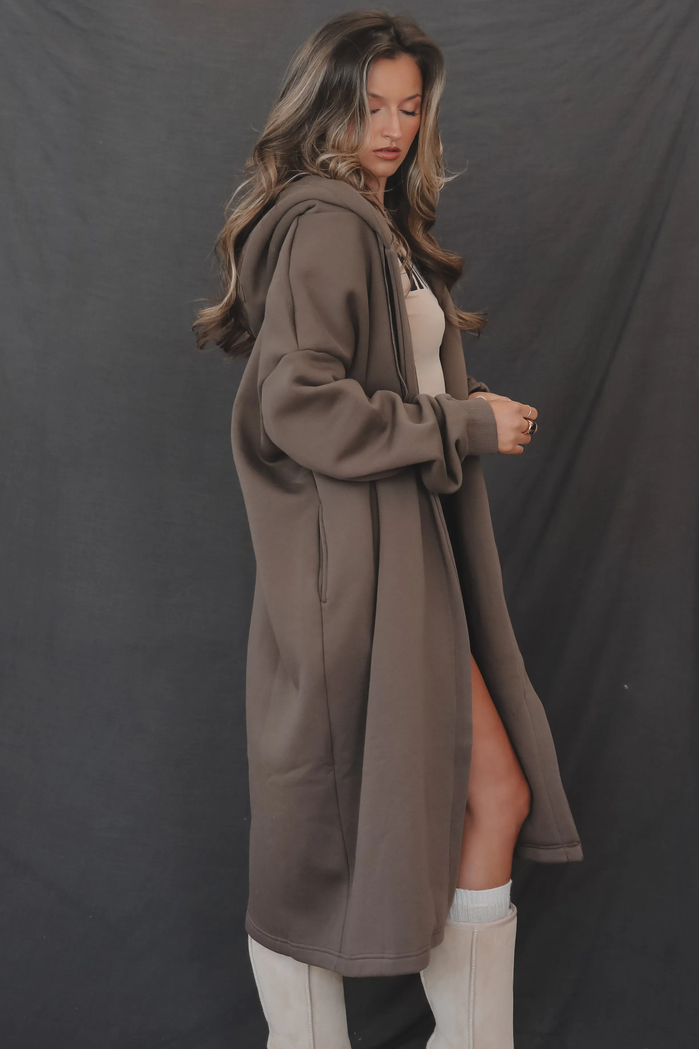 Airport Runway Brown Hooded Maxi Cardigan