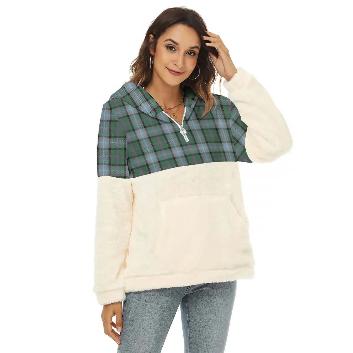 Alexander of Menstry Hunting Tartan Women's Borg Fleece Hoodie With Half Zip