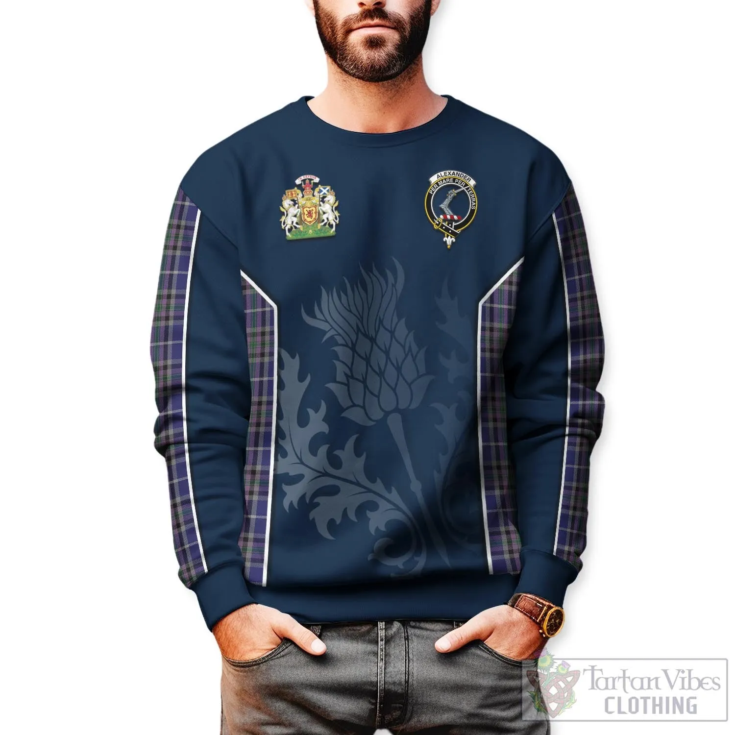 Alexander of Menstry Tartan Sweatshirt with Family Crest and Scottish Thistle Vibes Sport Style