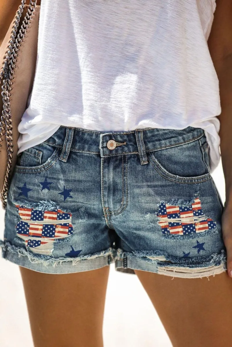 American Flag Distressed Denim Shorts