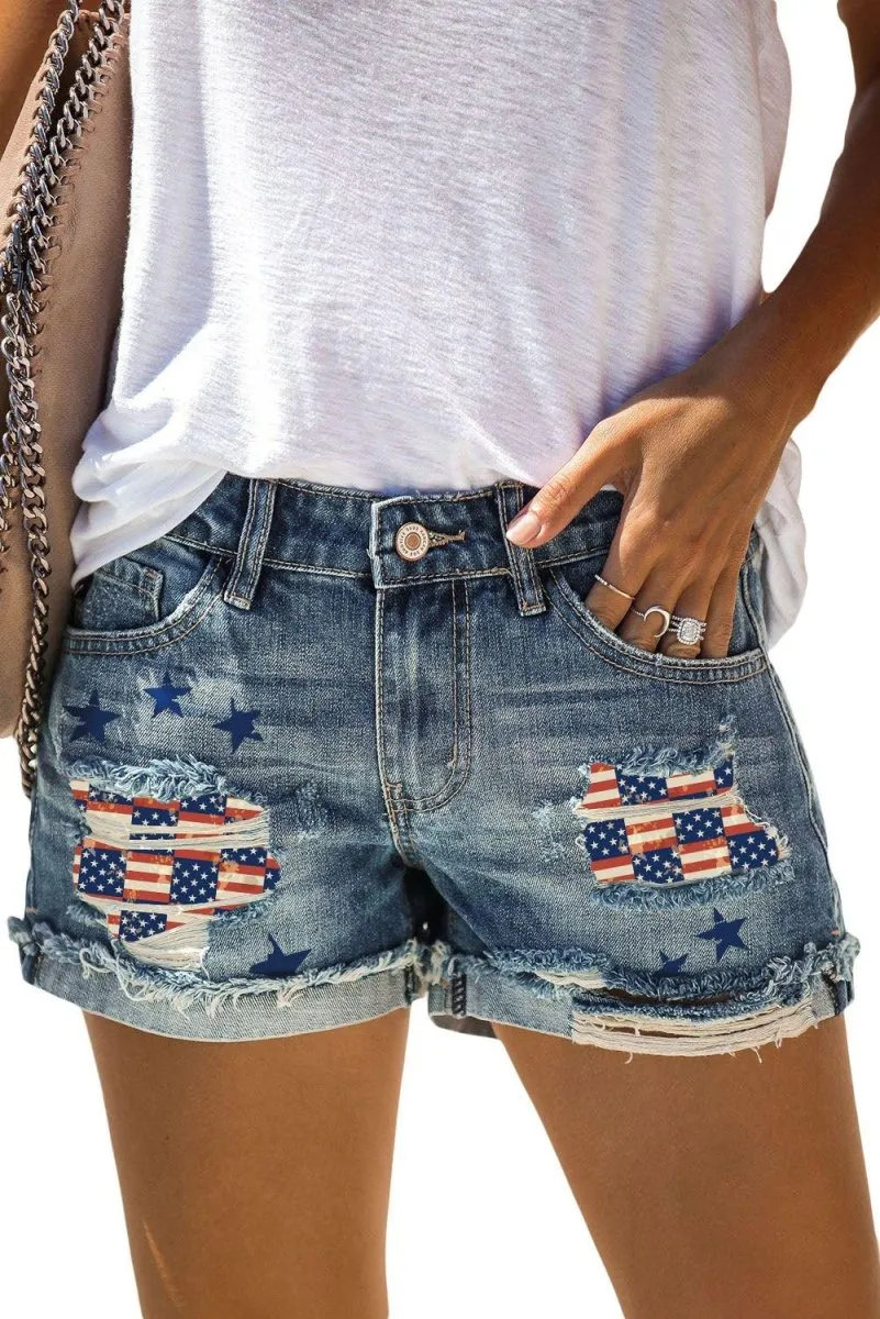 American Flag Distressed Denim Shorts