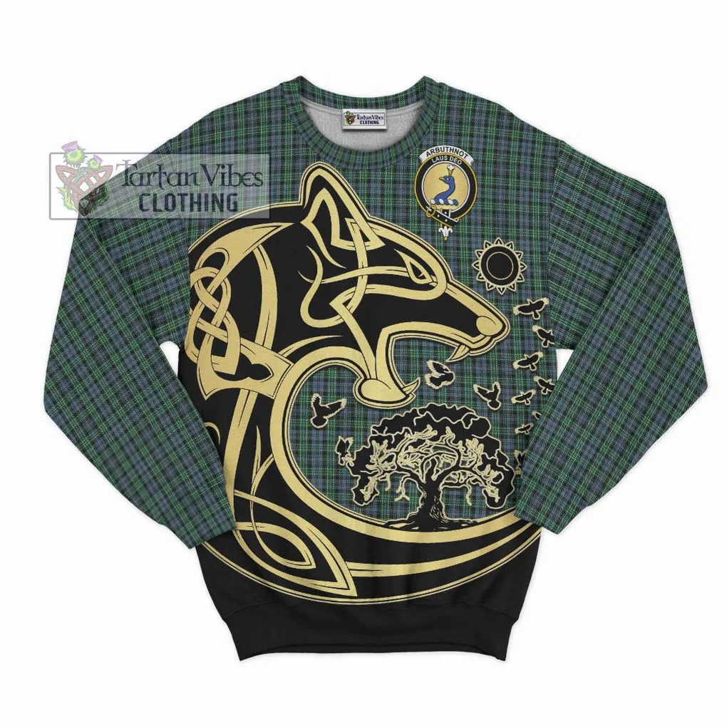 Arbuthnot Tartan Sweatshirt with Family Crest Celtic Wolf Style