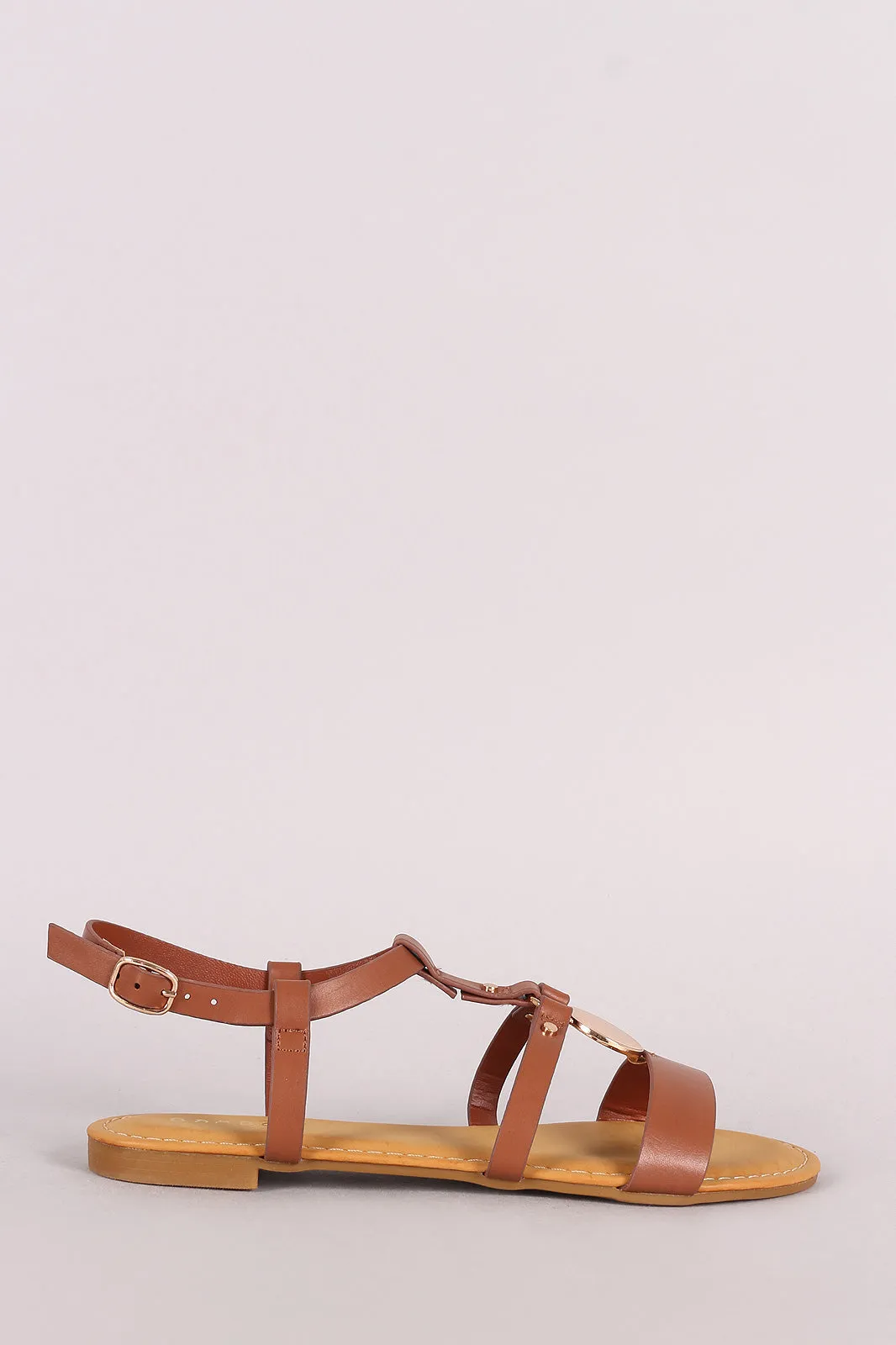 Bamboo Leather Strappy Caged Circular Plate Flat Sandal