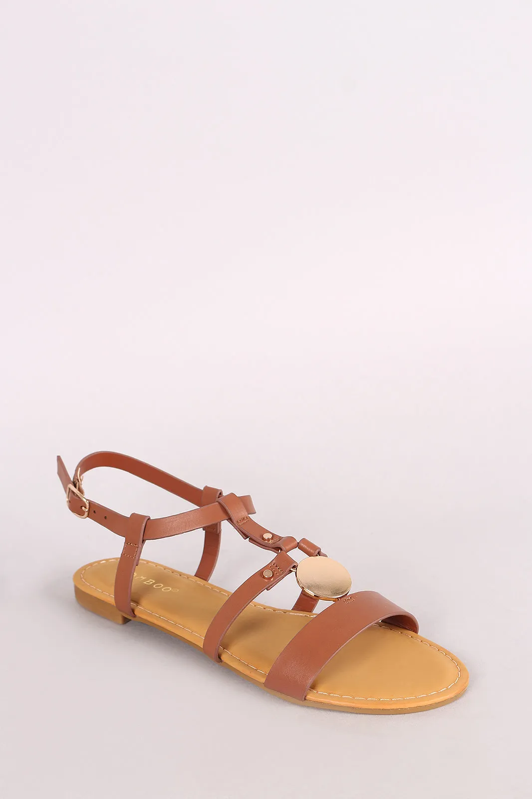 Bamboo Leather Strappy Caged Circular Plate Flat Sandal