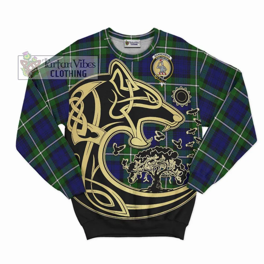 Bannerman Tartan Sweatshirt with Family Crest Celtic Wolf Style