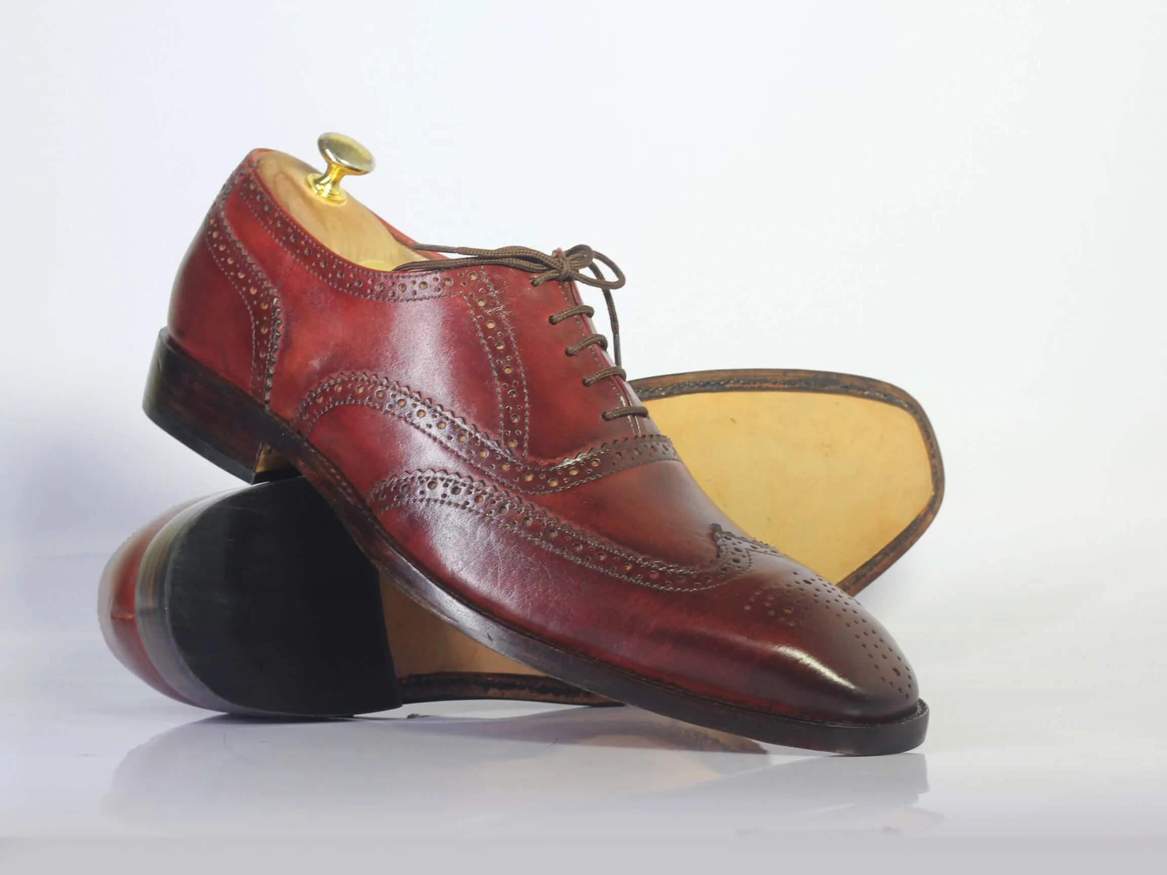 Bespoke Burgundy Leather Wing Tip Lace Up Shoe for Men