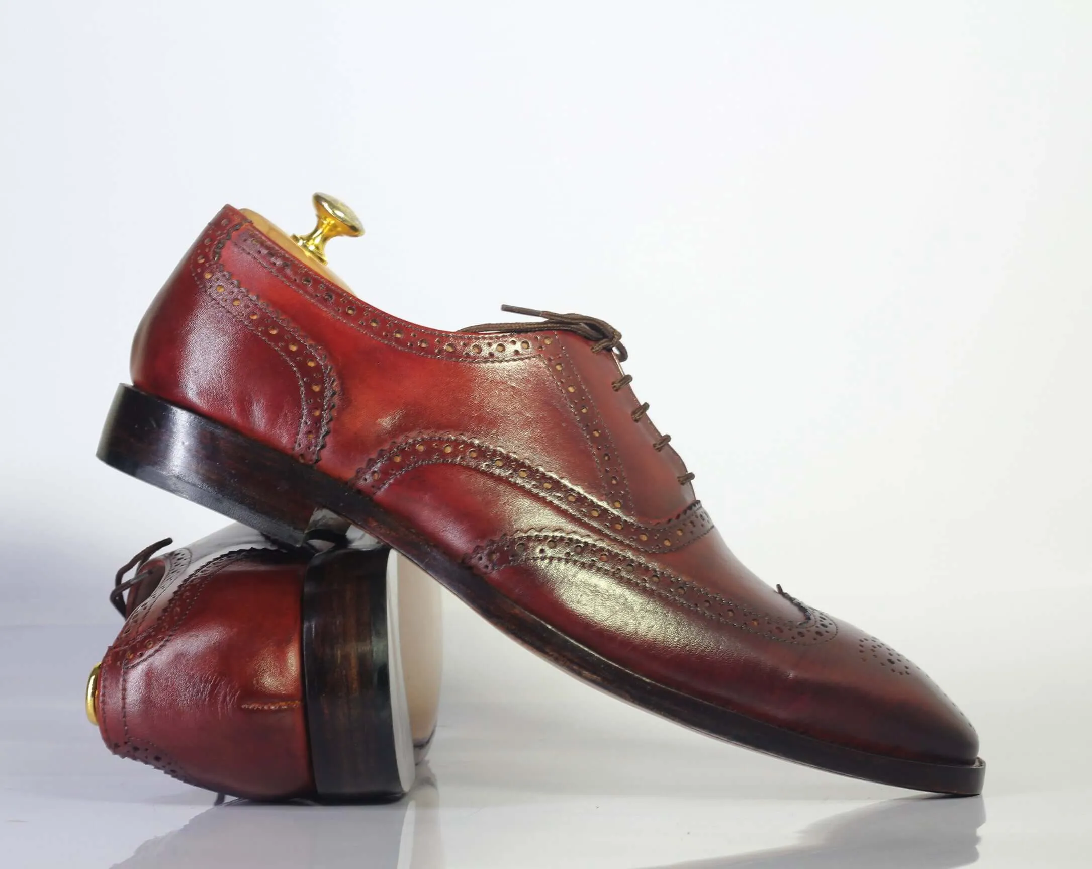 Bespoke Burgundy Leather Wing Tip Lace Up Shoe for Men