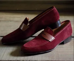 Bespoke Burgundy Suede Penny Loafer for Men