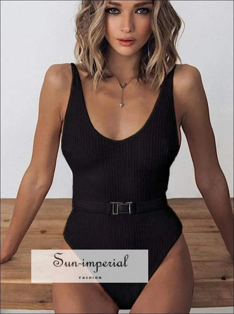 Black criss cross back One Piece Swimsuit with Buckle Belt Backless Swimsuit - Multi Colors