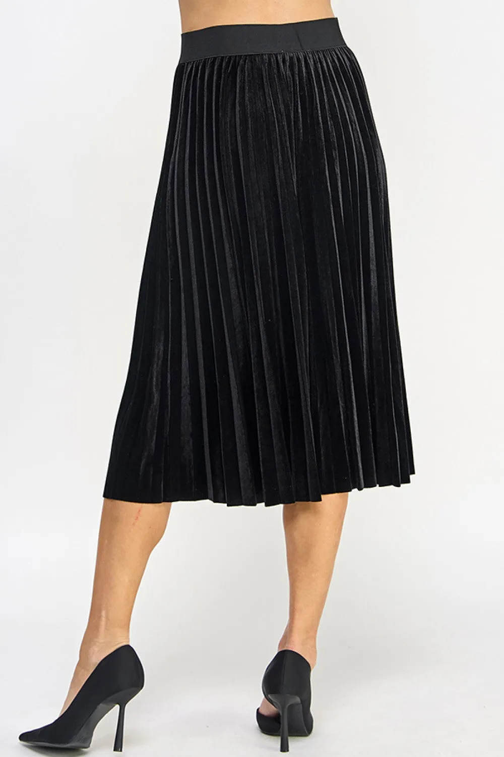 Black Velvet Pleated Midi Skirt