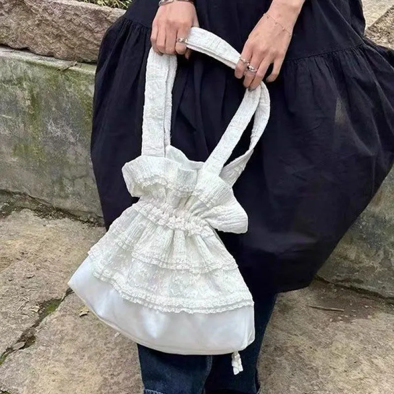 Canvas Bag Cream Lace Silk Pouch Closed Tote Bag Student Class Bag Commuter Bag Niche Drawstring Cloth Shoulder Bag