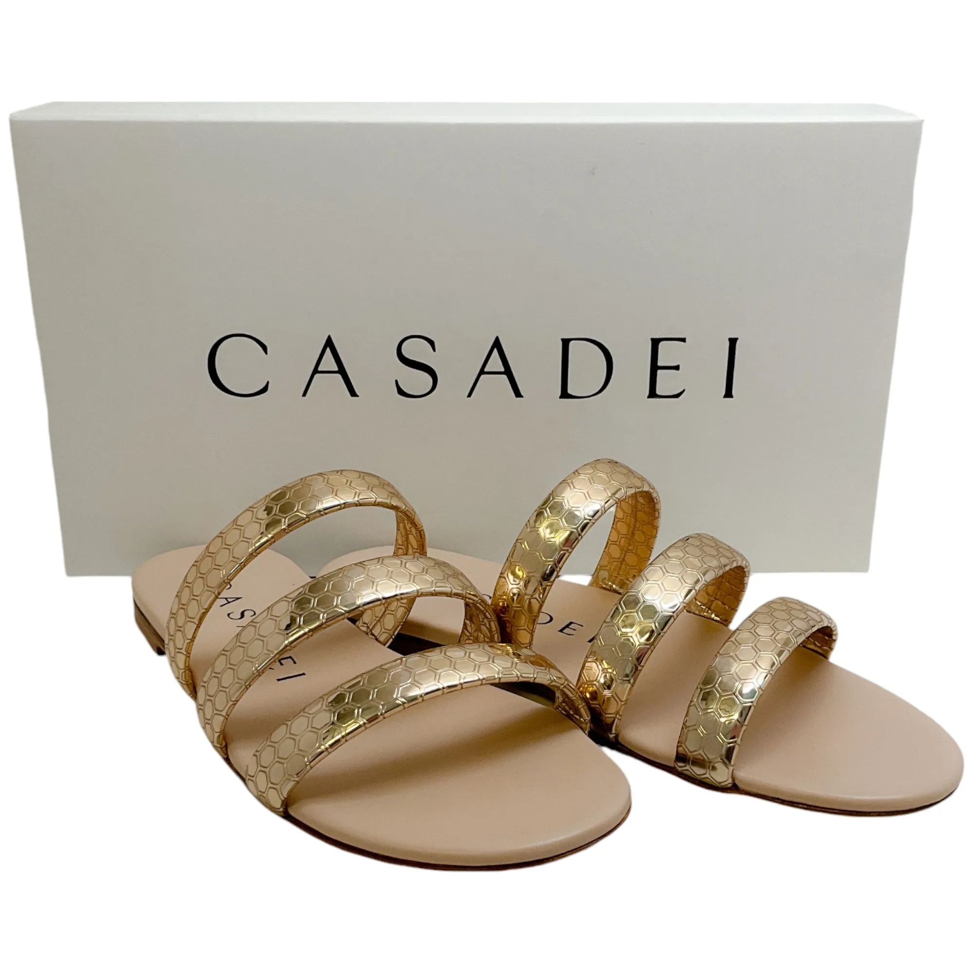 Casadei Rose Gold Embossed Leather Atomium Sandals