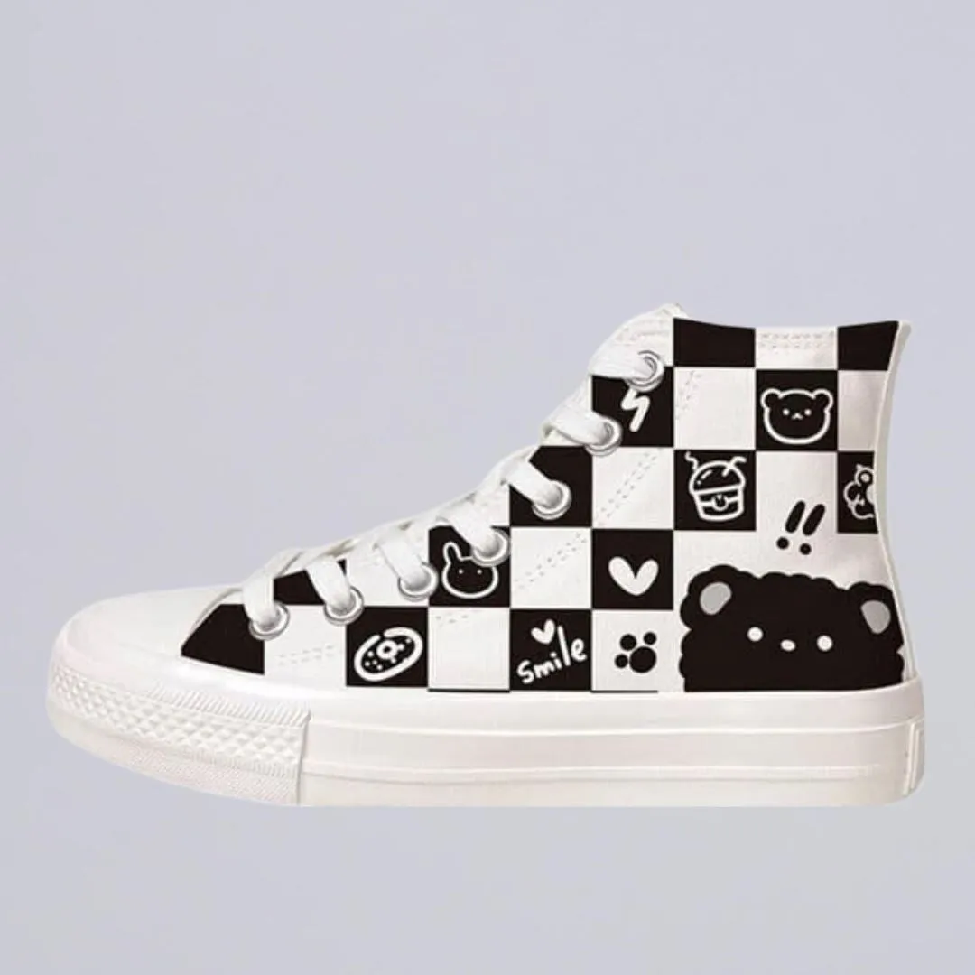 *CLEARANCE* Checkered Fluffy Bear High Top Canvas Shoes - Unisex