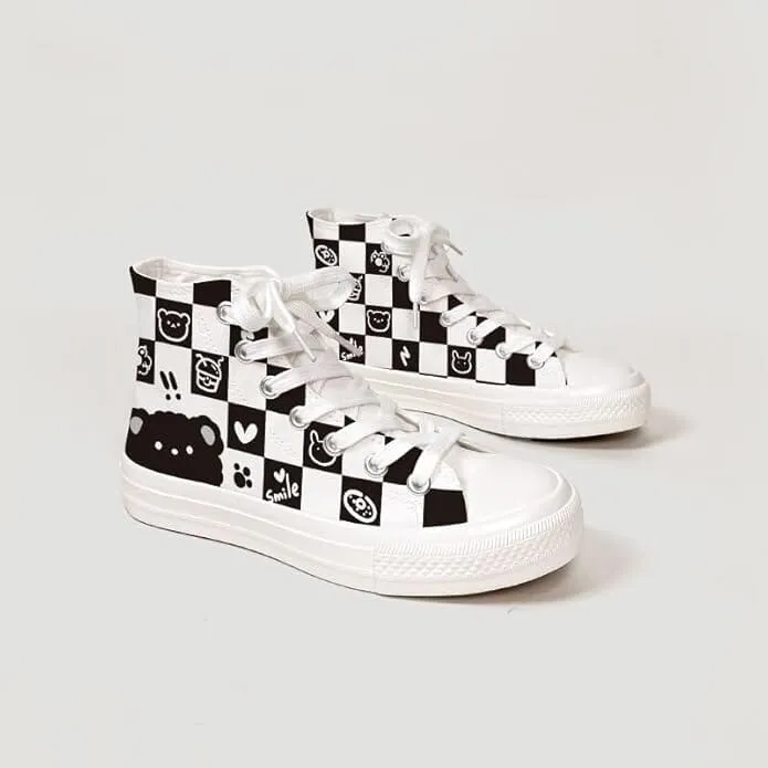 *CLEARANCE* Checkered Fluffy Bear High Top Canvas Shoes - Unisex