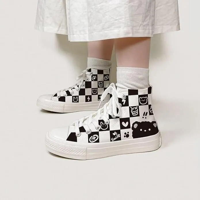 *CLEARANCE* Checkered Fluffy Bear High Top Canvas Shoes - Unisex