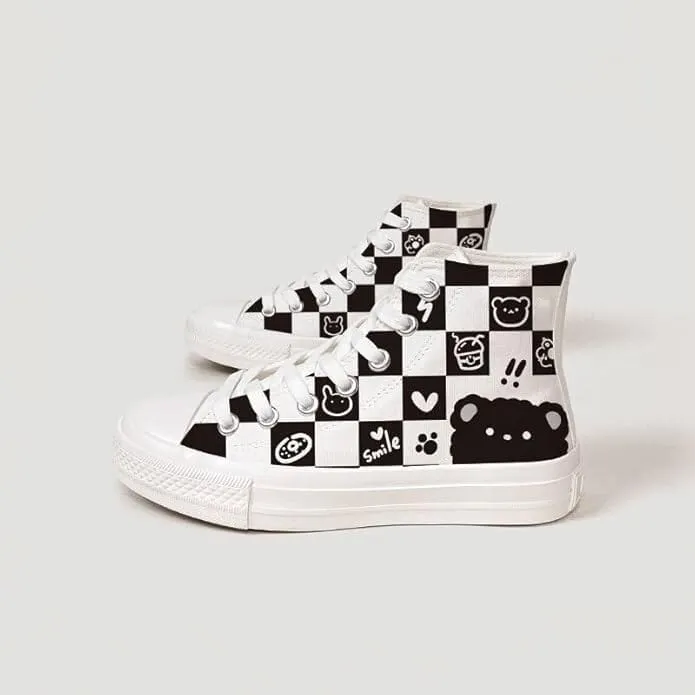 *CLEARANCE* Checkered Fluffy Bear High Top Canvas Shoes - Unisex