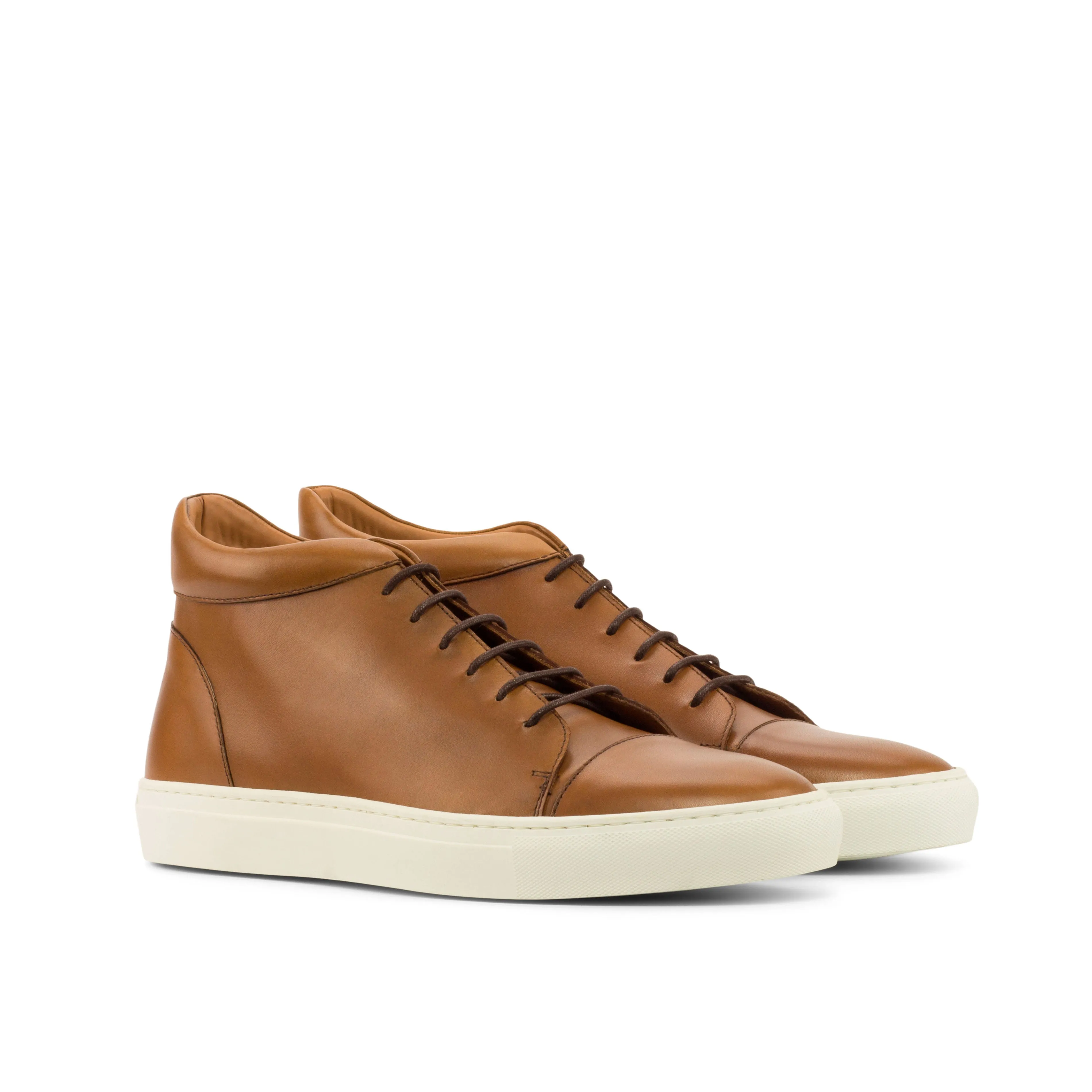 Cognac Calf Leather High-Top Sneakers