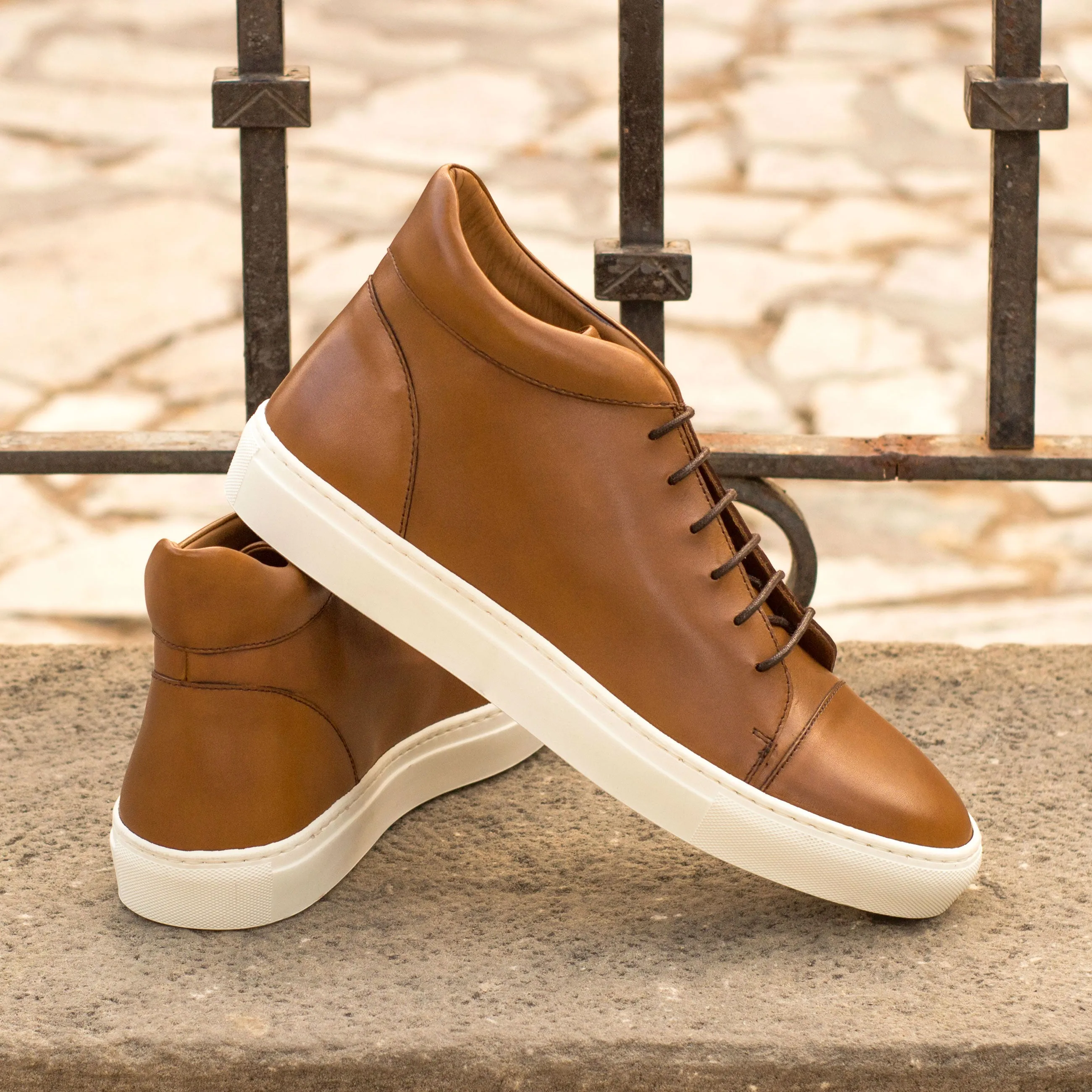 Cognac Calf Leather High-Top Sneakers