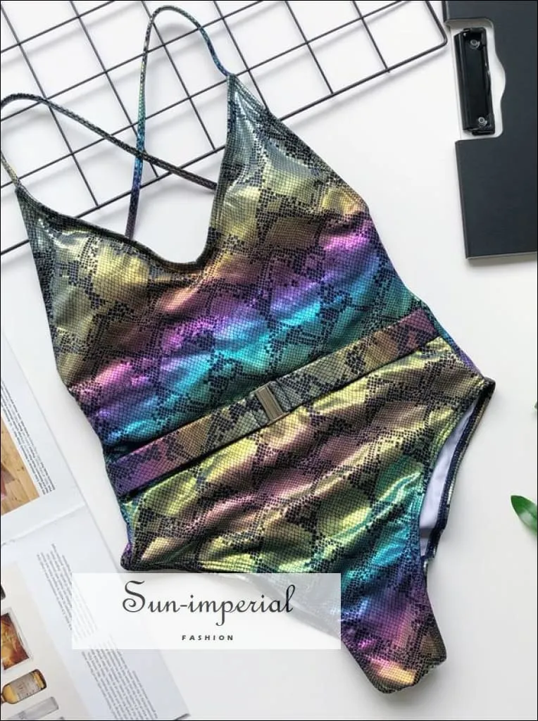 Colorful Sequin  One Piece Swimsuit with Buckle Belt Backless Swimsuit - Multi Colors