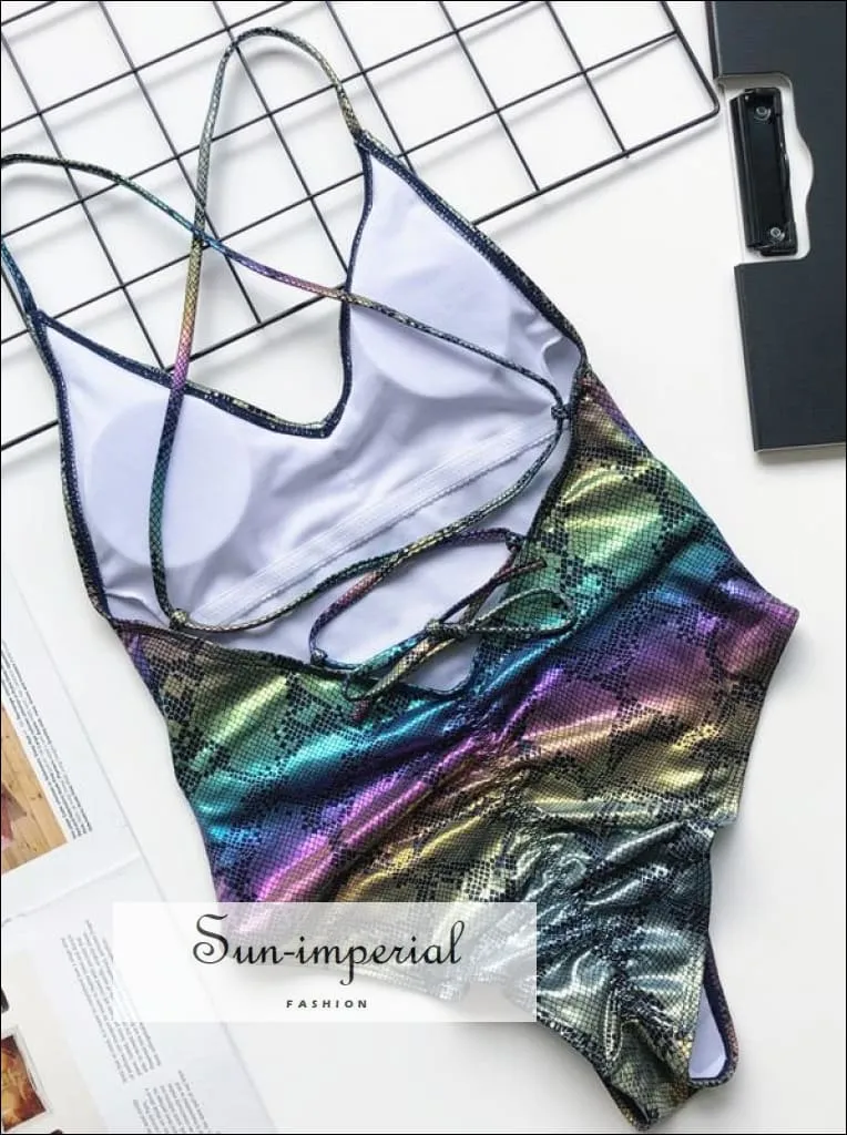 Colorful Sequin  One Piece Swimsuit with Buckle Belt Backless Swimsuit - Multi Colors