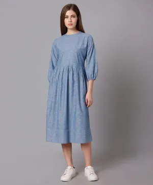 Cotton Denim Dress with Pleated Waist