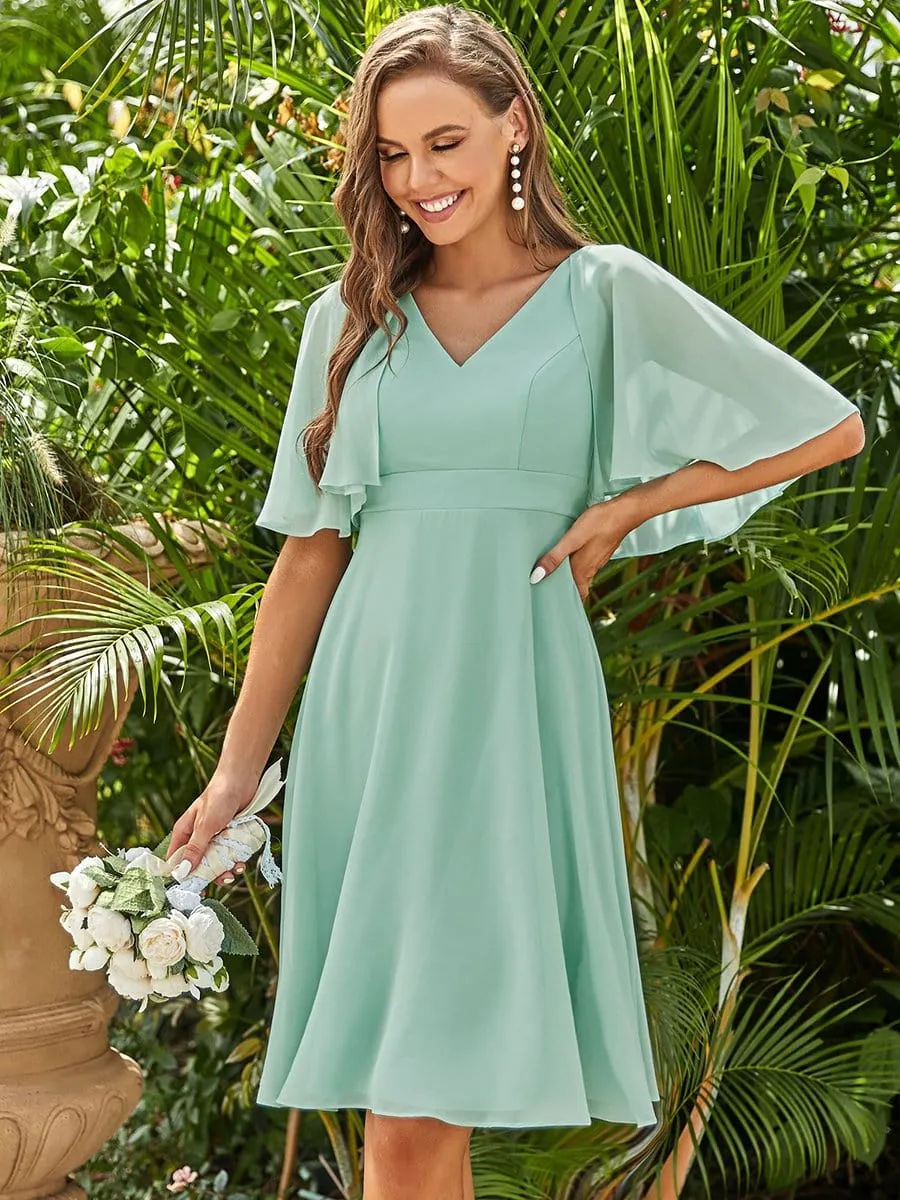 Elegant Ruffle Sleeve Short Chiffon Bridesmaid Dress