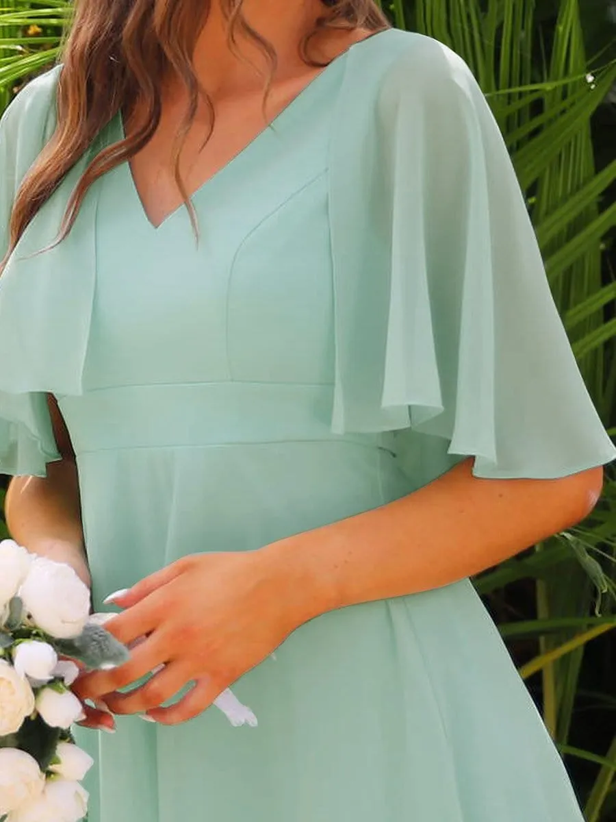 Elegant Ruffle Sleeve Short Chiffon Bridesmaid Dress