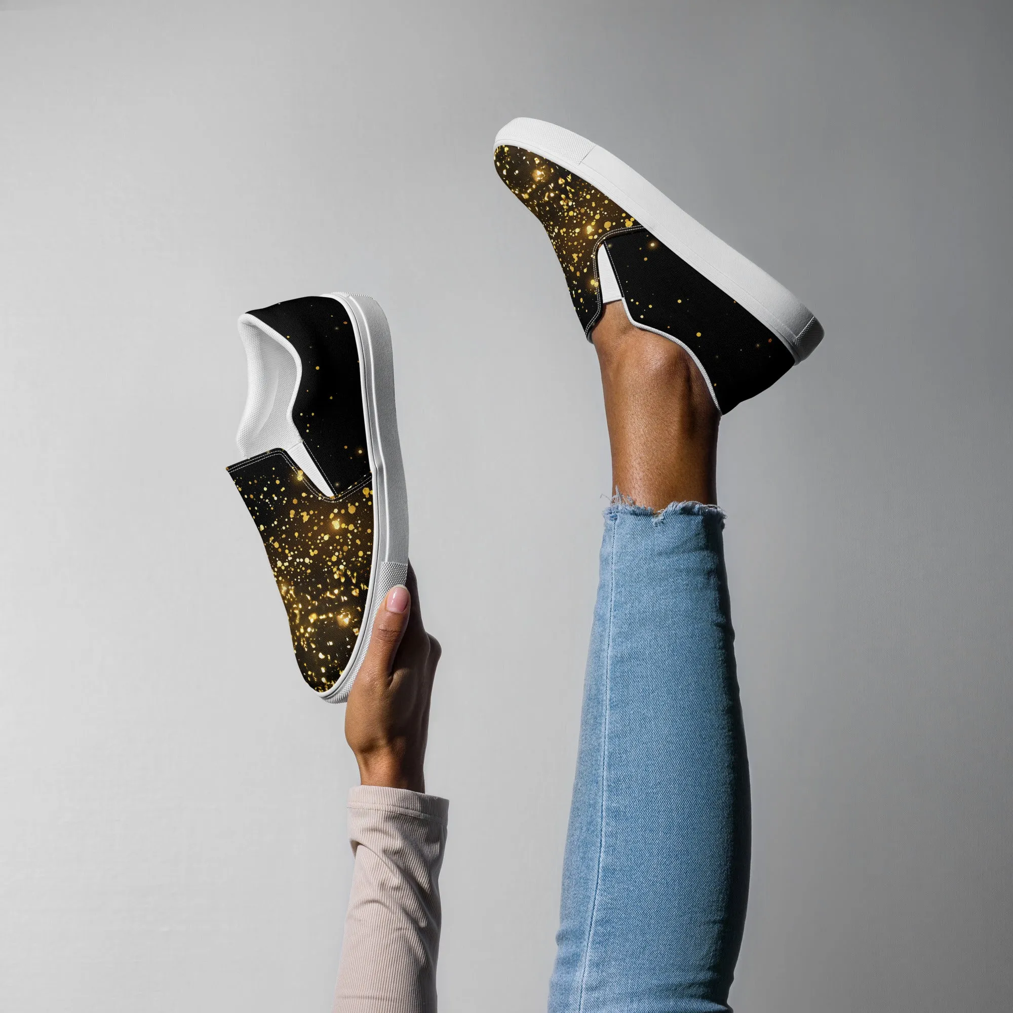 Elevate Your Look with Our Black & Gold Women’s Slip-On Shoes