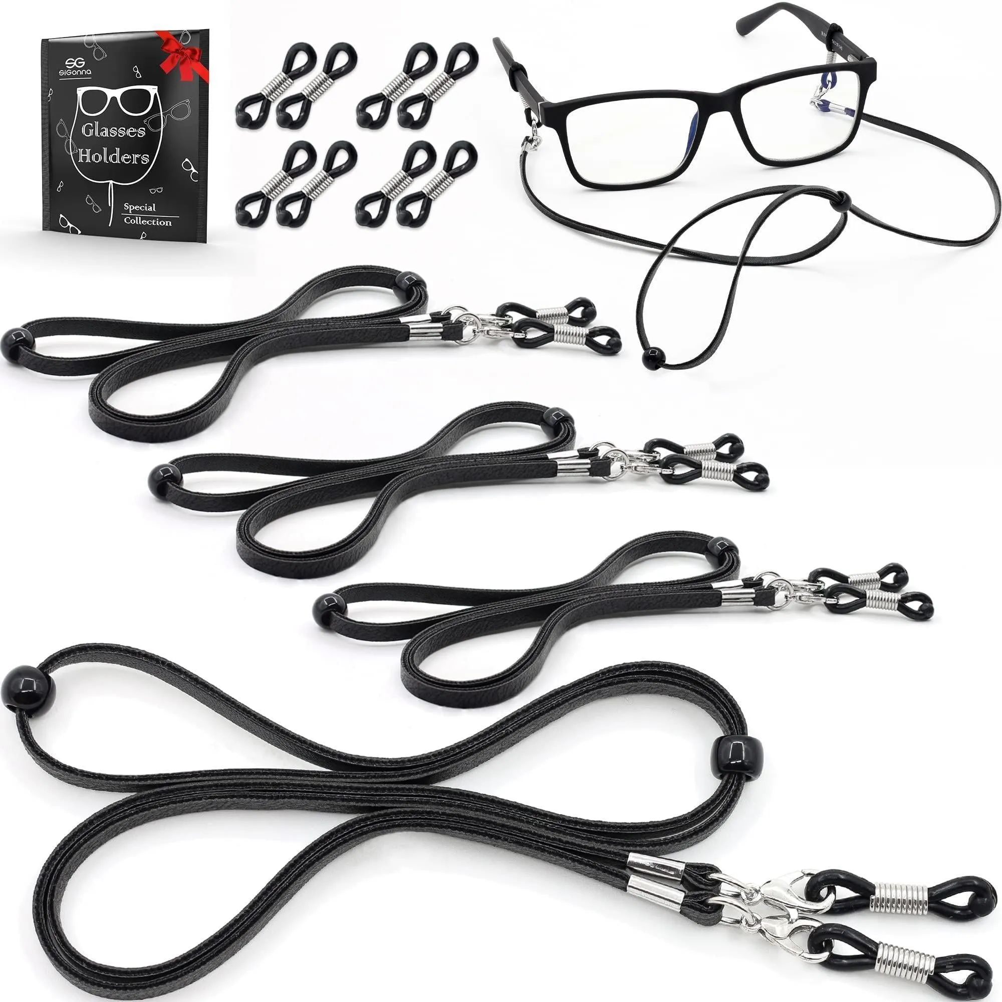 Eyeglass Strap Holders Premium ECO Leather 4 Cords Black AntiSlip Clip Loop