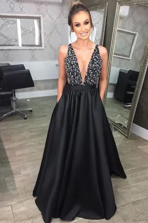 Fashion Deep V Neck Black Long Prom Dresses with Pockets PG867