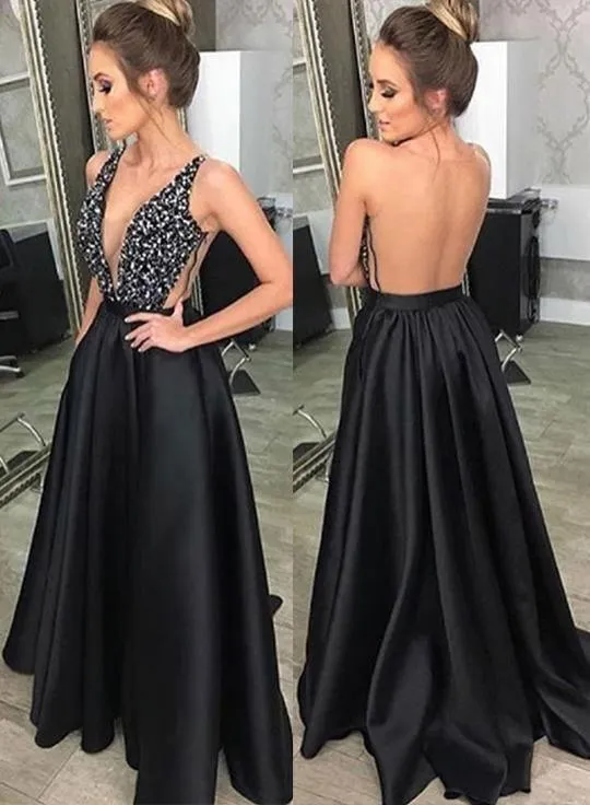 Fashion Deep V Neck Black Long Prom Dresses with Pockets PG867