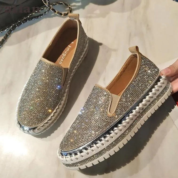 Fashion glitter rhinestone shiny platform sneakers slip on crystal sneakers for women