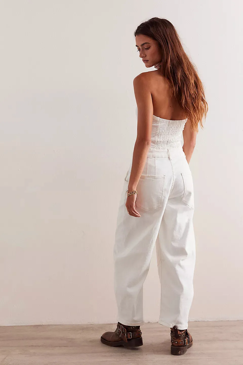 Free People Je Suis Pret Barrel Jumpsuit in Stone White