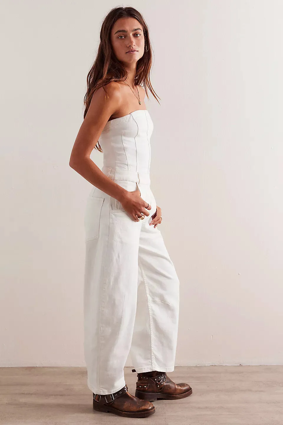 Free People Je Suis Pret Barrel Jumpsuit in Stone White