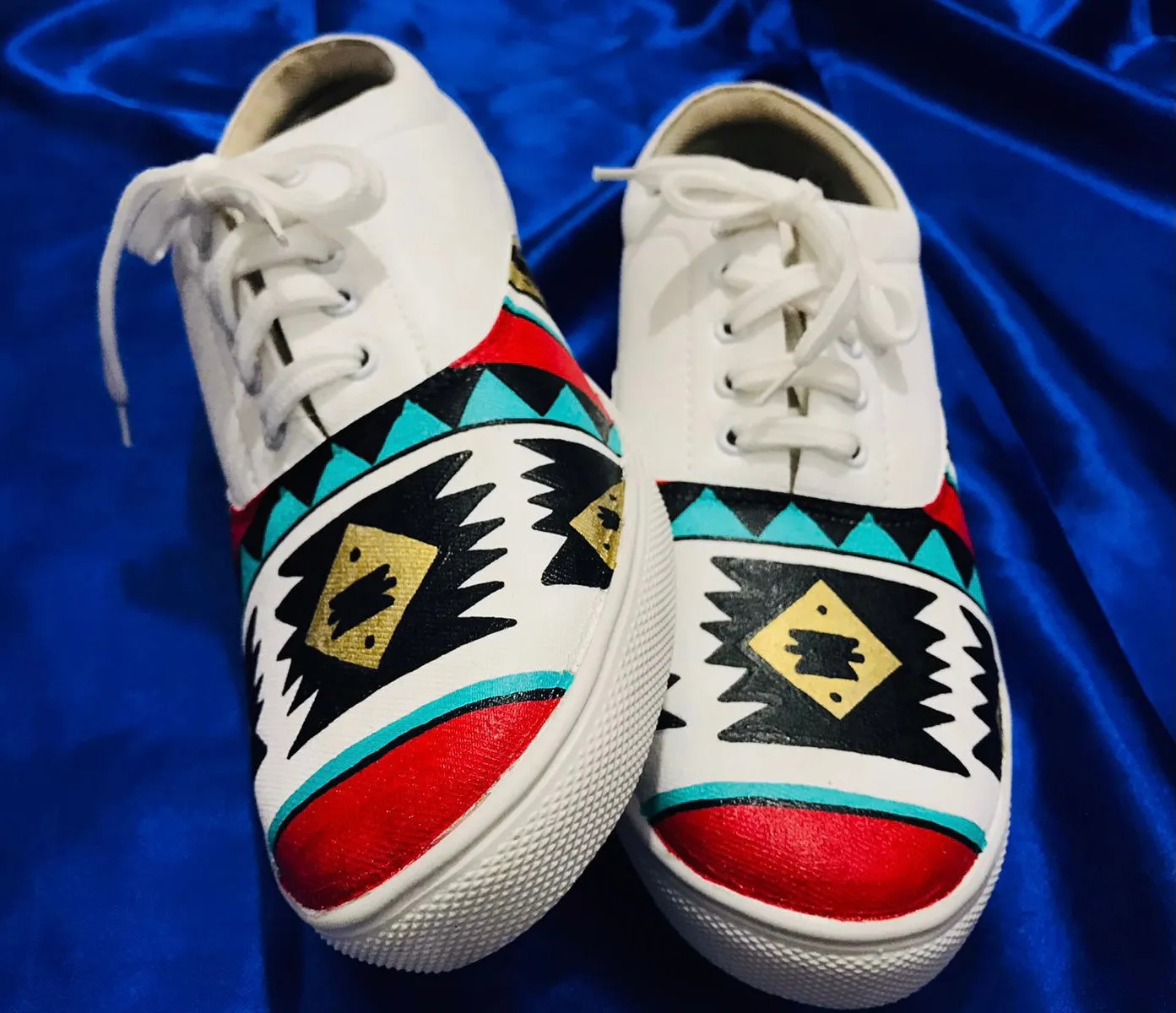 Funky N Trendy hand painted water resistant AZTEC  theme WHITE shoes