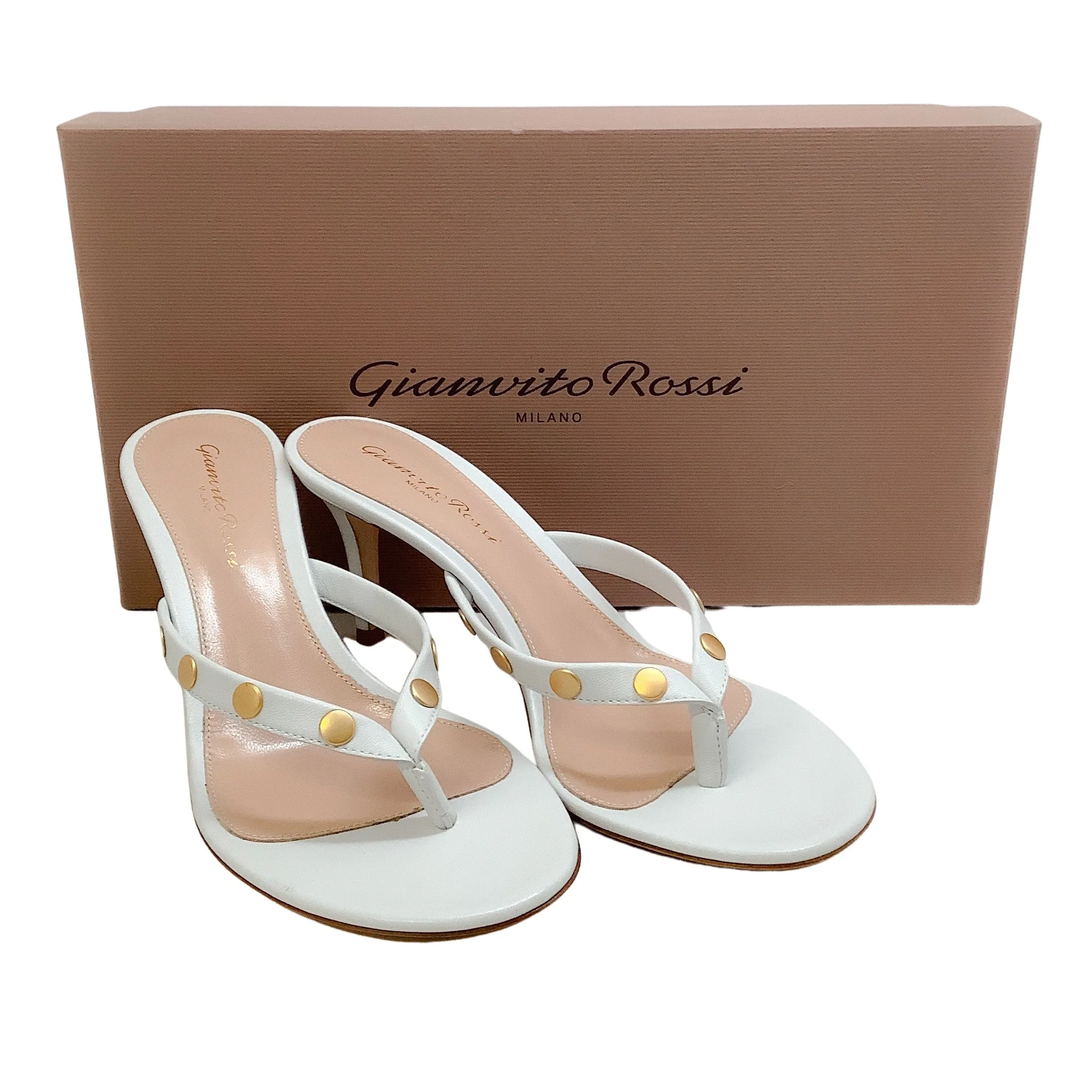 Gianvito Rossi White Leather Thong Sandal with Gold Studs