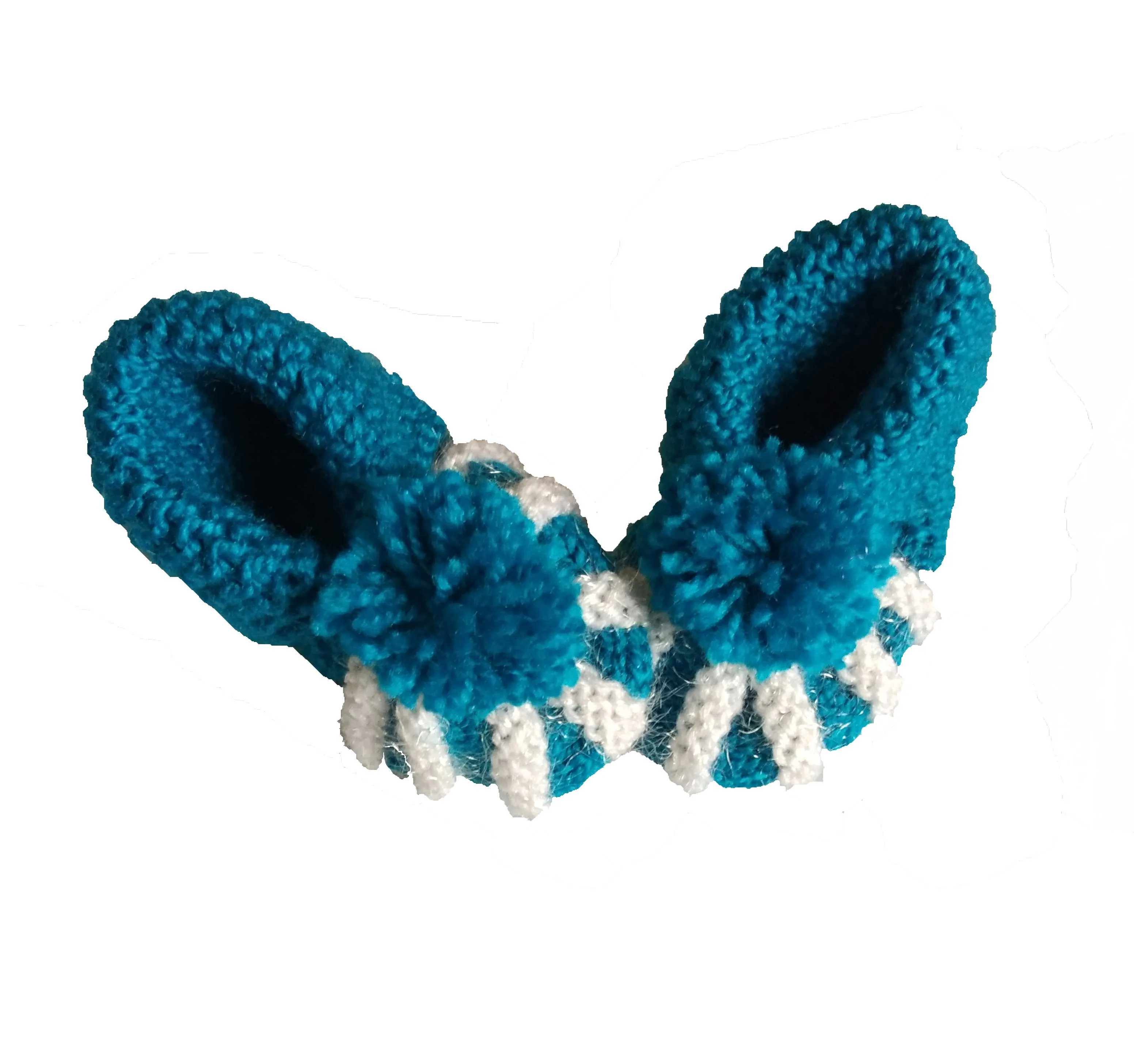 Good Quality Blue & White Color Hand Crochet Woolen Baby Booties For 0 - 12 Month