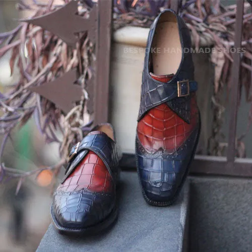 Handmade Men's Two tone Crocodile Print Leather Monk Strap Dress Wingtip Shoes