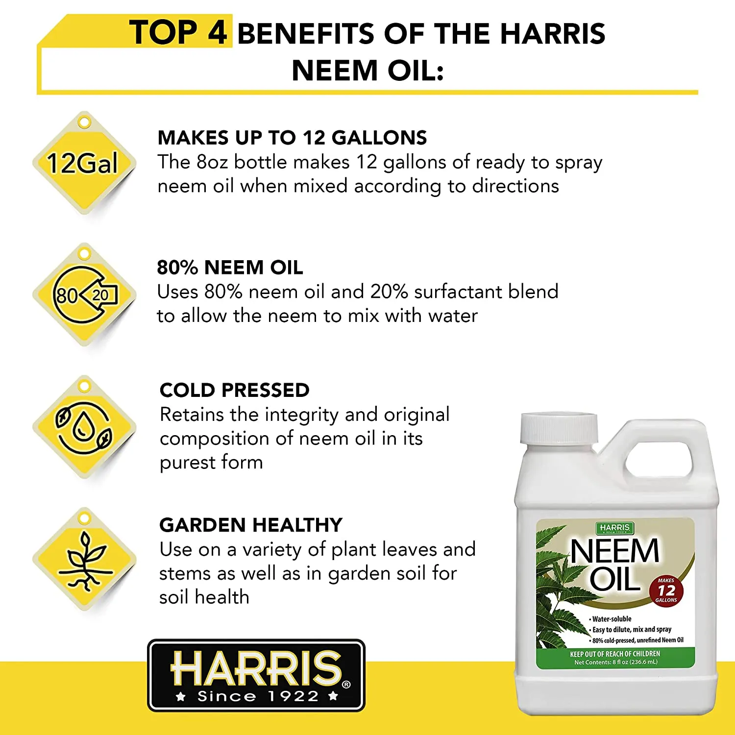 Harris Neem Oil Cold Pressed Water Soluble Concentrate, Makes 12 Gallons (8 fl. oz)