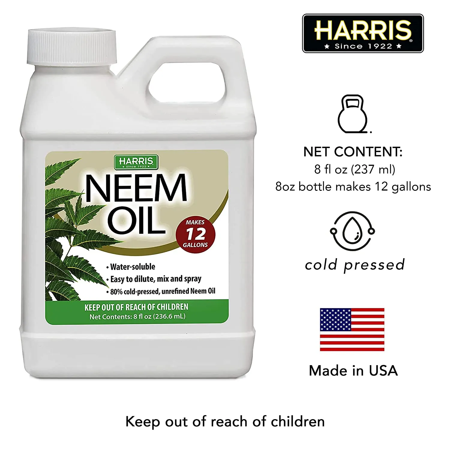 Harris Neem Oil Cold Pressed Water Soluble Concentrate, Makes 12 Gallons (8 fl. oz)