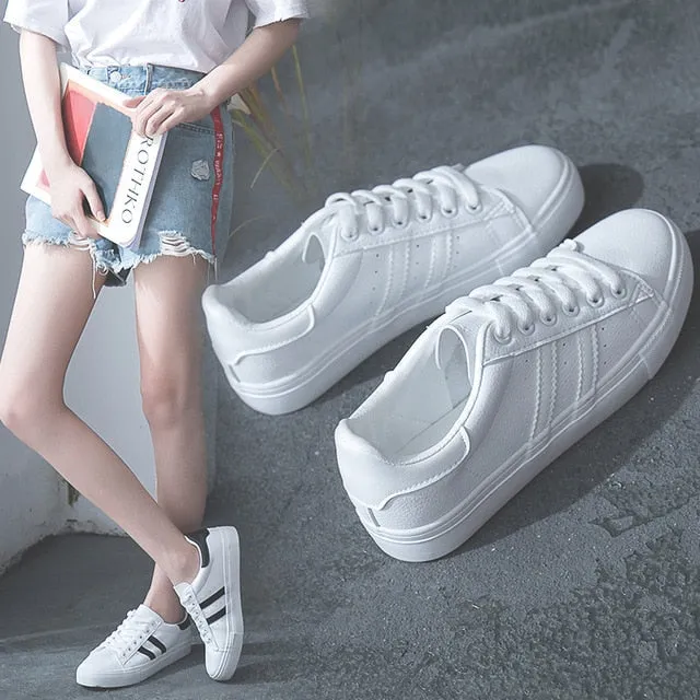 HOT Women Sneakers 2020 Fashion Breathble Vulcanized Shoes Women Pu leather Platform Shoes Women Lace up Casual Shoes White