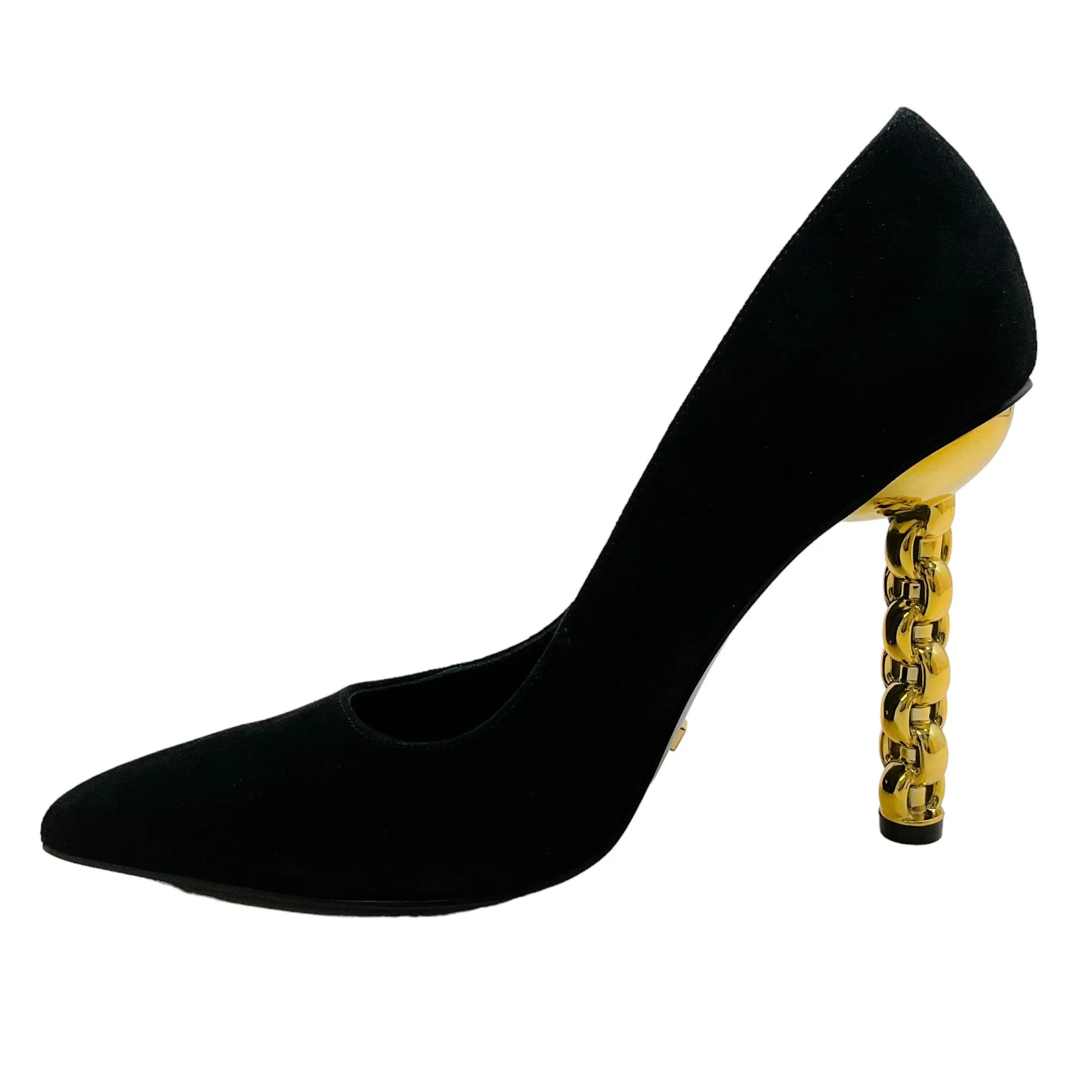 Kat Maconie Black Suede Lydia Pumps with Gold Chain Heel