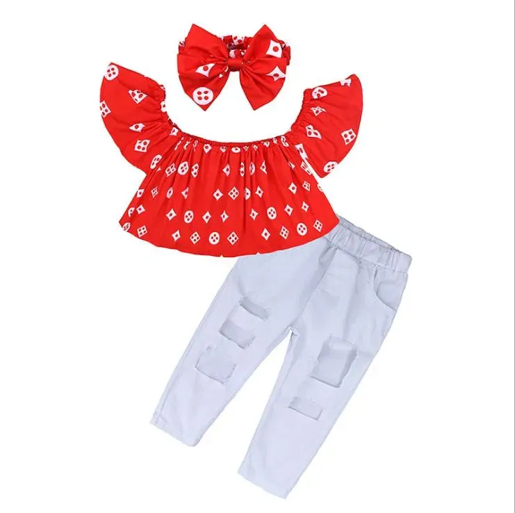 Kids Summer Girls Clothing Sets Off Shoulder Top Shirt Hole Pants Hairband 3PCS Children Clothing Girls Clothes set