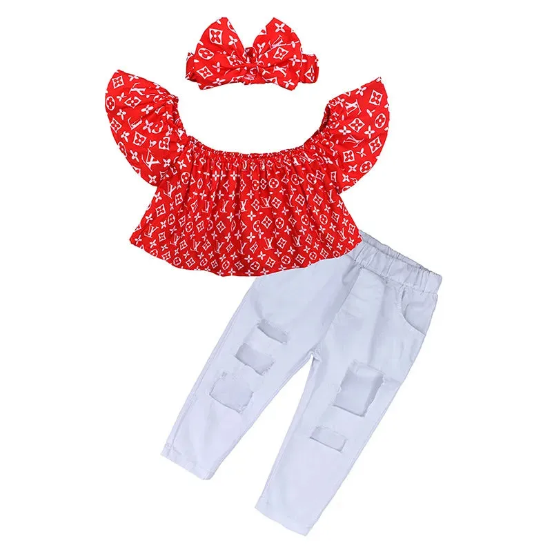 Kids Summer Girls Clothing Sets Off Shoulder Top Shirt Hole Pants Hairband 3PCS Children Clothing Girls Clothes set