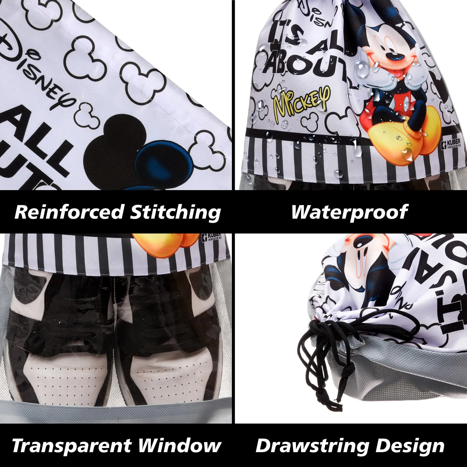 Kuber Industries Disney Mickey Shoe Cover | Travel Shoe Storage Bags | Polyester Storage Bag | Drawstring Shoe Cover | Shoe Organizer with Clear Window | Pack of 6 | Gray