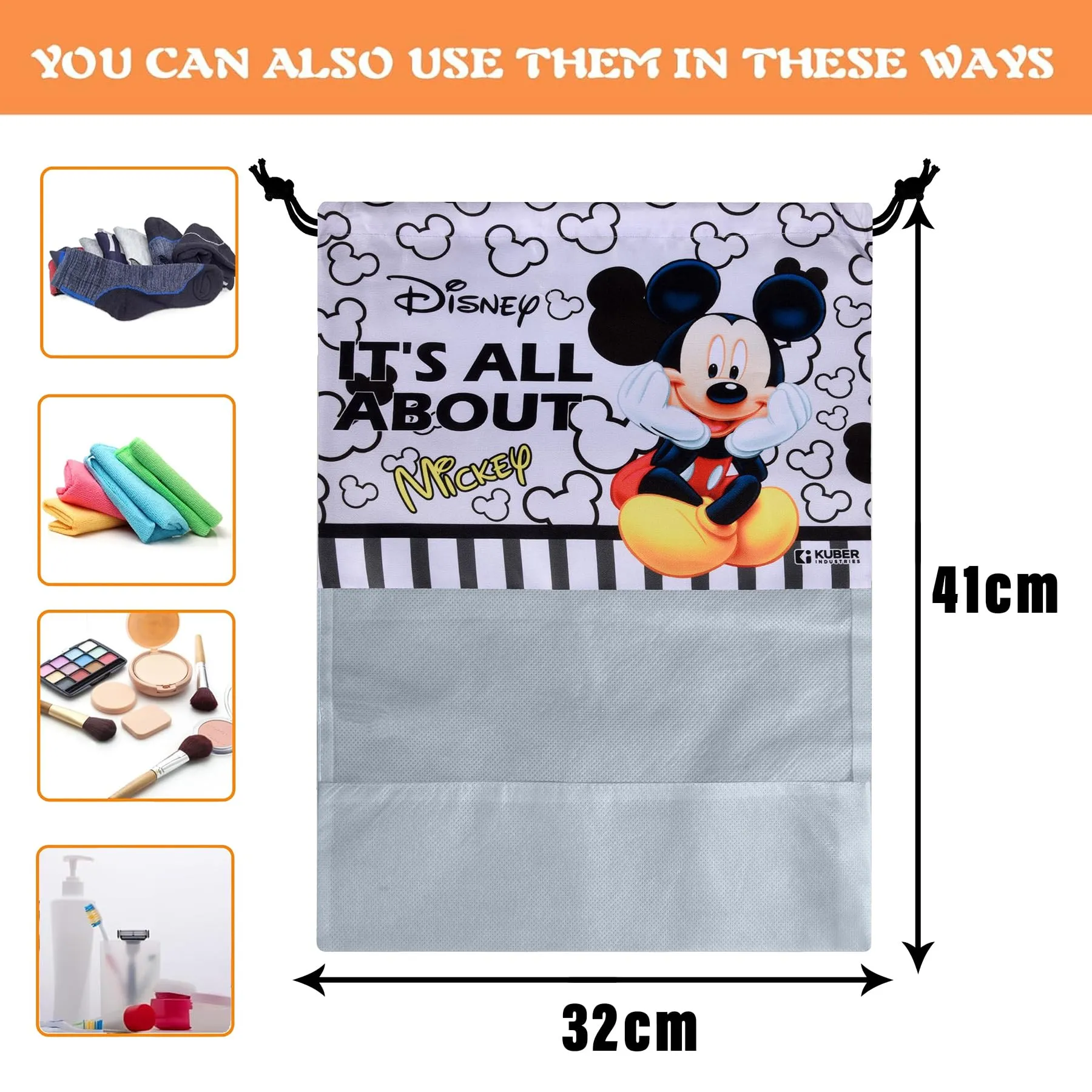 Kuber Industries Disney Mickey Shoe Cover | Travel Shoe Storage Bags | Polyester Storage Bag | Drawstring Shoe Cover | Shoe Organizer with Clear Window | Pack of 6 | Gray